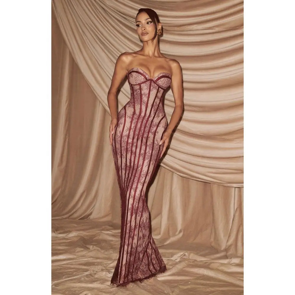 Belvidere Elegant Lace Strapless Waist Cinching Long Dress with Heart-Shaped