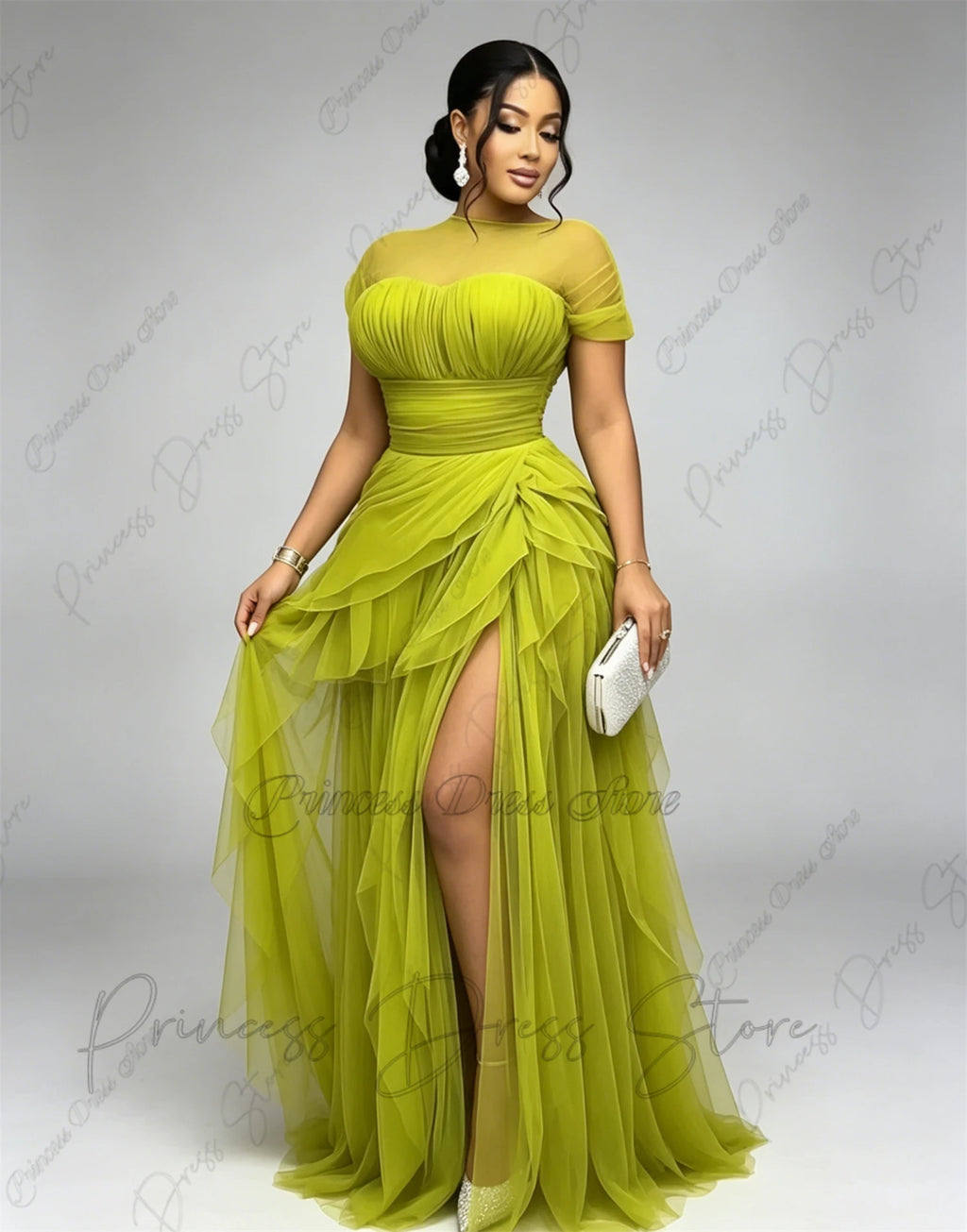 Bani Elegant Pleats Tulle Split Long Evening Gowns Birthday Party Dress