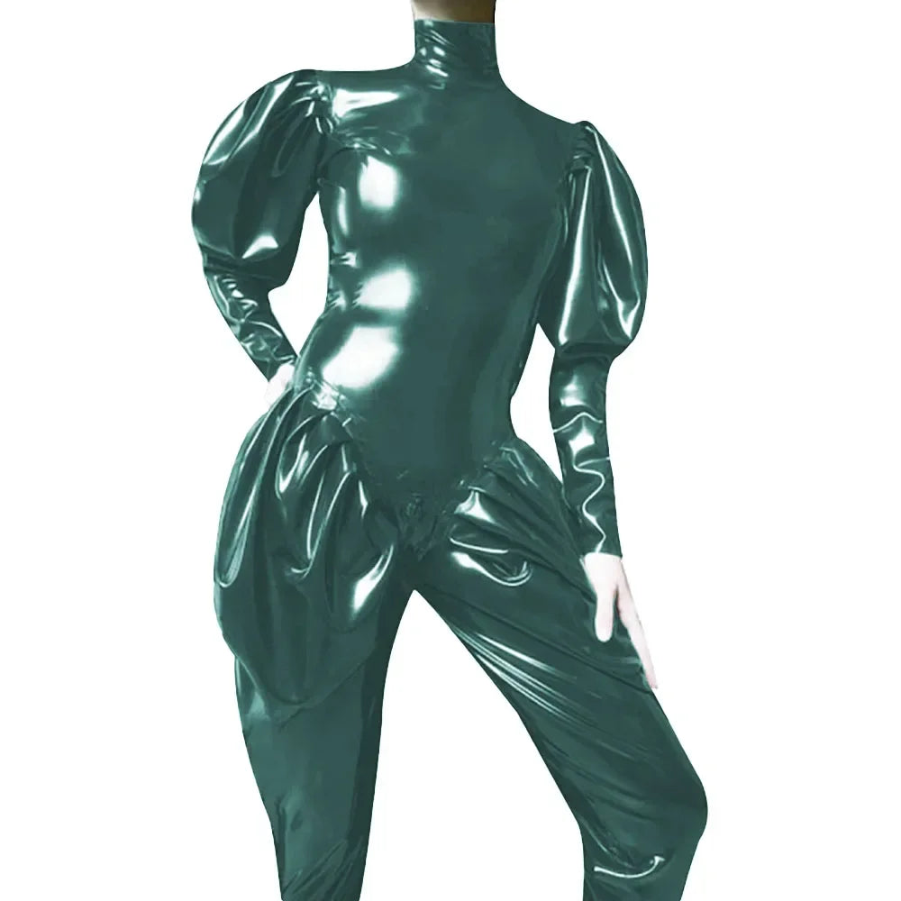 Sleeves Jumpsuit Sexy Zipper Open Crotch Catsuit Party High Neck Wetlook Rompers Female