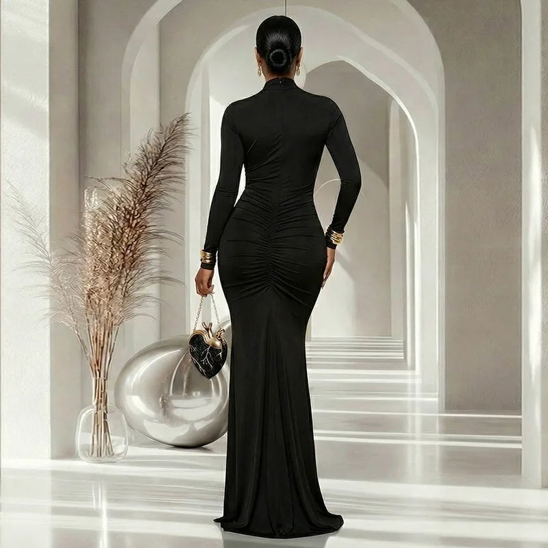 Bedford Turtleneck Hollow Out Chest Wrapped Long Sleeve Pleated Bodycon Long Dress