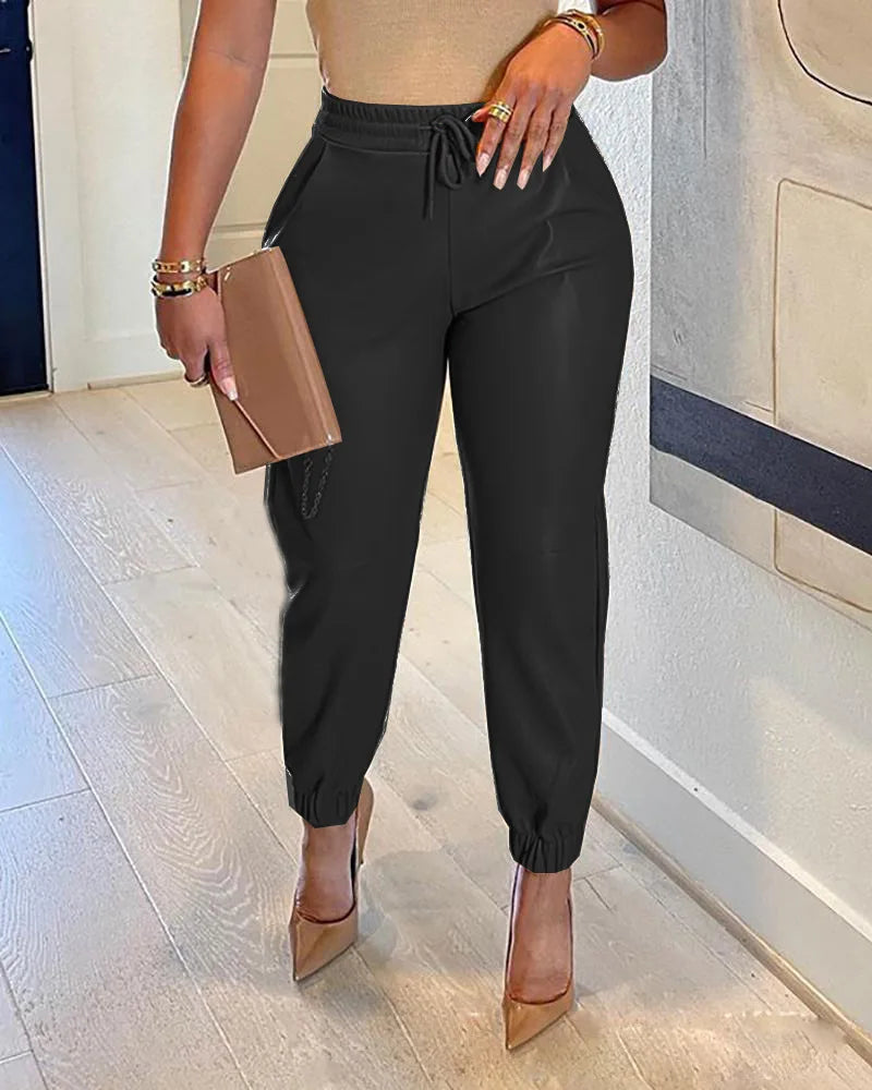San Antonio PU Leather Fashion Elastic Waist Long Vintage Elegant Casual Loose Pants