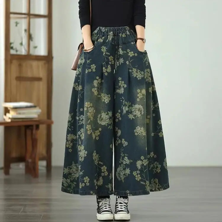 Printed Jeans For Women 2025 Autumn Vintage Extended Elastic Waist