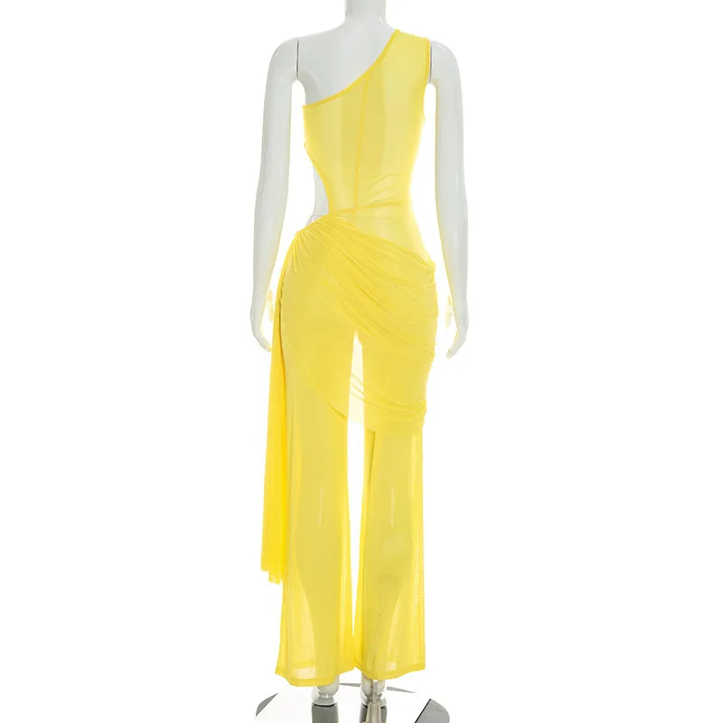 Alabama Mesh See Through One Shoulder Cutout Waist Jumpsuit Draped Overlay