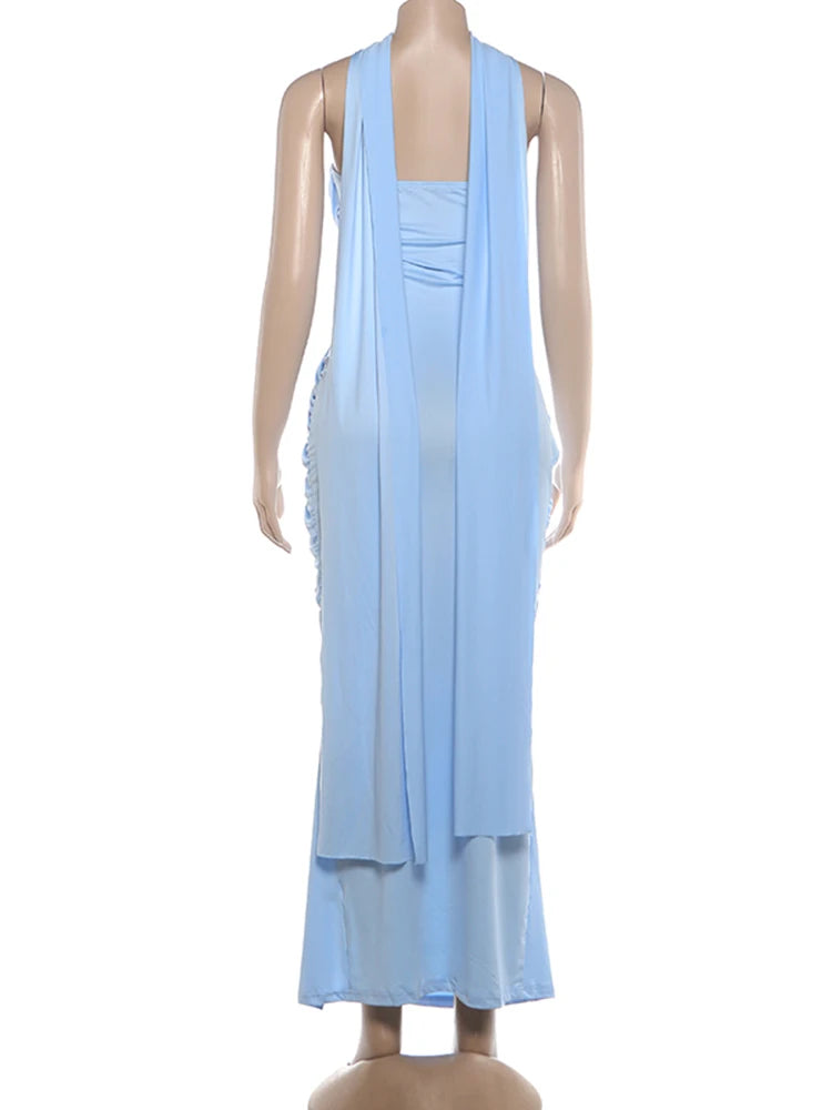Madrid Folds Elegant Long Ribbon High Slit Chest Wrap Maxi Dress