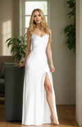 Sexy Spaghetti Straps Draping Back Stretchy Satin Wedding Dress Thigh Slit