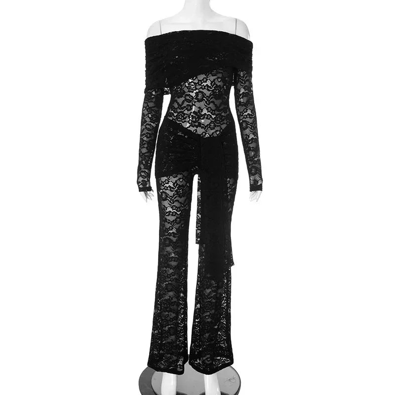 Westport Lace Sexy See Through Off-shoulder High Waist Club Party Jumpsuits