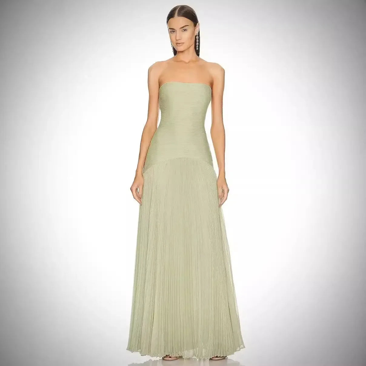 Bolair Strapl Pleated Dr Ribbed Fabric Long Elastic Waist Gored Dress