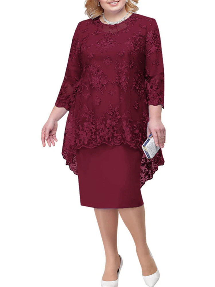 Jackson Plus Size Evening Gown Fashion Solid Color Round Neck High Waist Lace Embroidery Dress