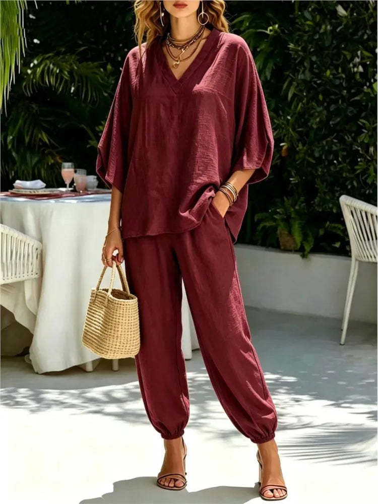 Bianca Loose Batwing Sleeve V Neck Two Piece Sets