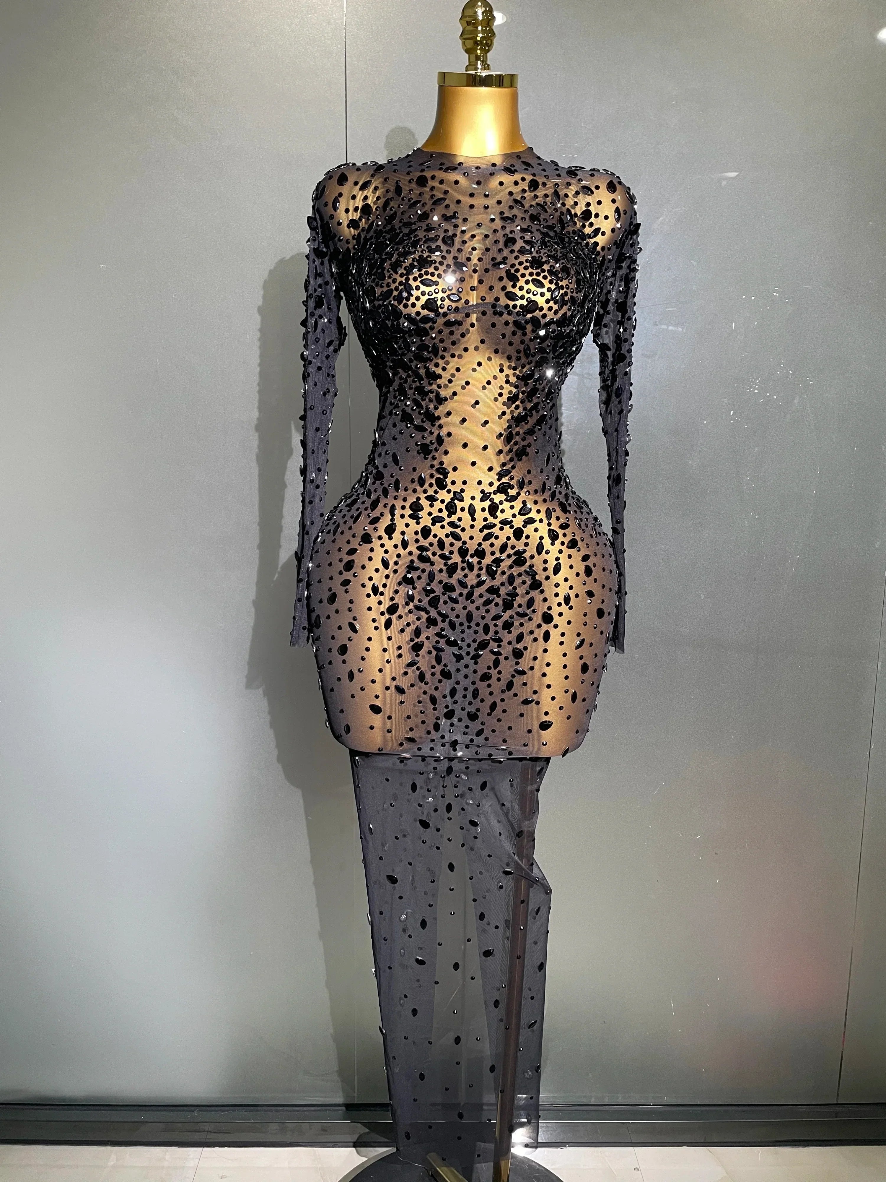 Cumberland Shinny Rhinestone Stretch Mesh Transparent Long Dress