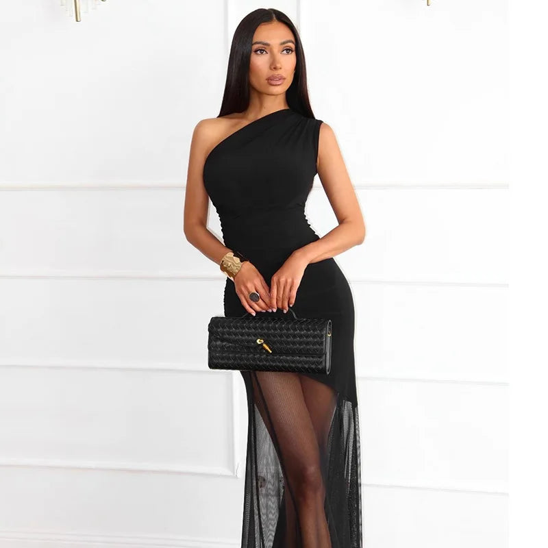 Off Shoulder See Through Dress Solid High Waist Patchwork Backless Slim Long Dress