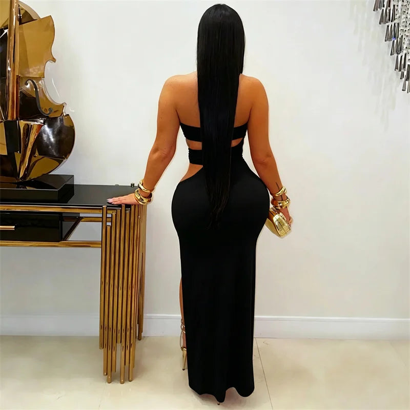 Alabama Metal Ring Bandage Strapless Night Hollow Out Bodycon Maxi Dress