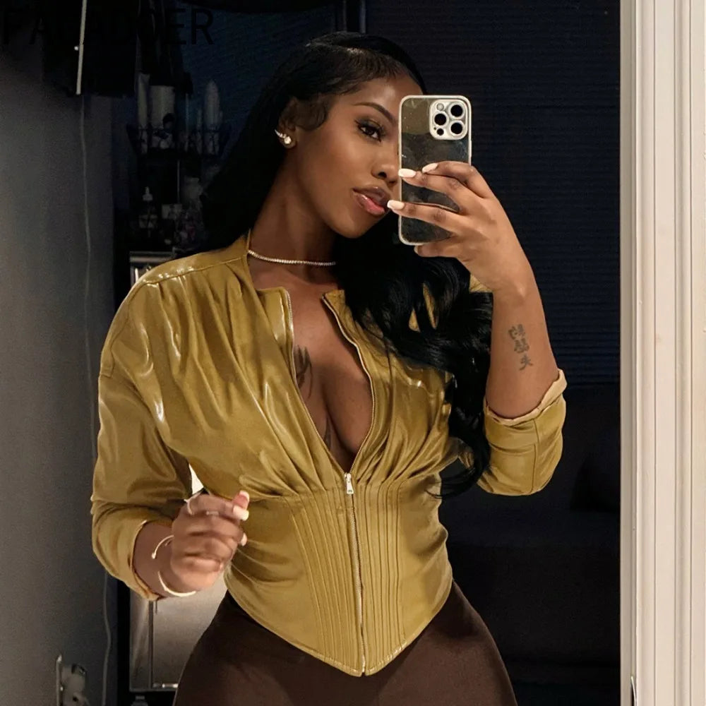 Ridgefield Solid Color Leather Patchwork Long Sleeves Crop Matching Set