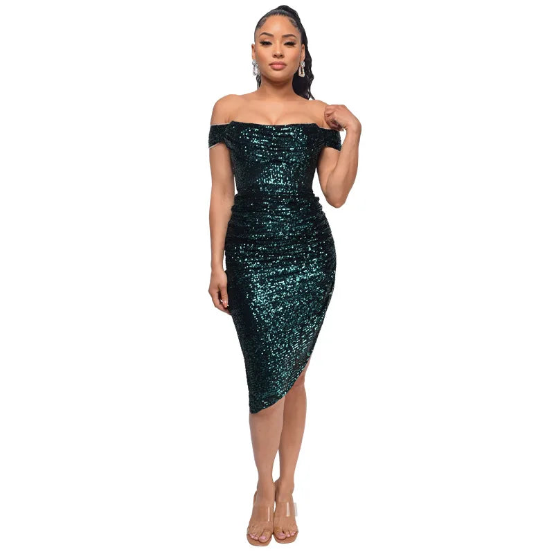 Virginia One Shoulder Bodycon Sparkly High Slit Midi Dresses