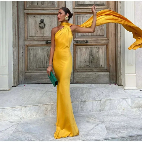 Meadville Elegant Ribbon Halter Solid Off Shoulder Sleeveless Backless Slim Maxi Dress