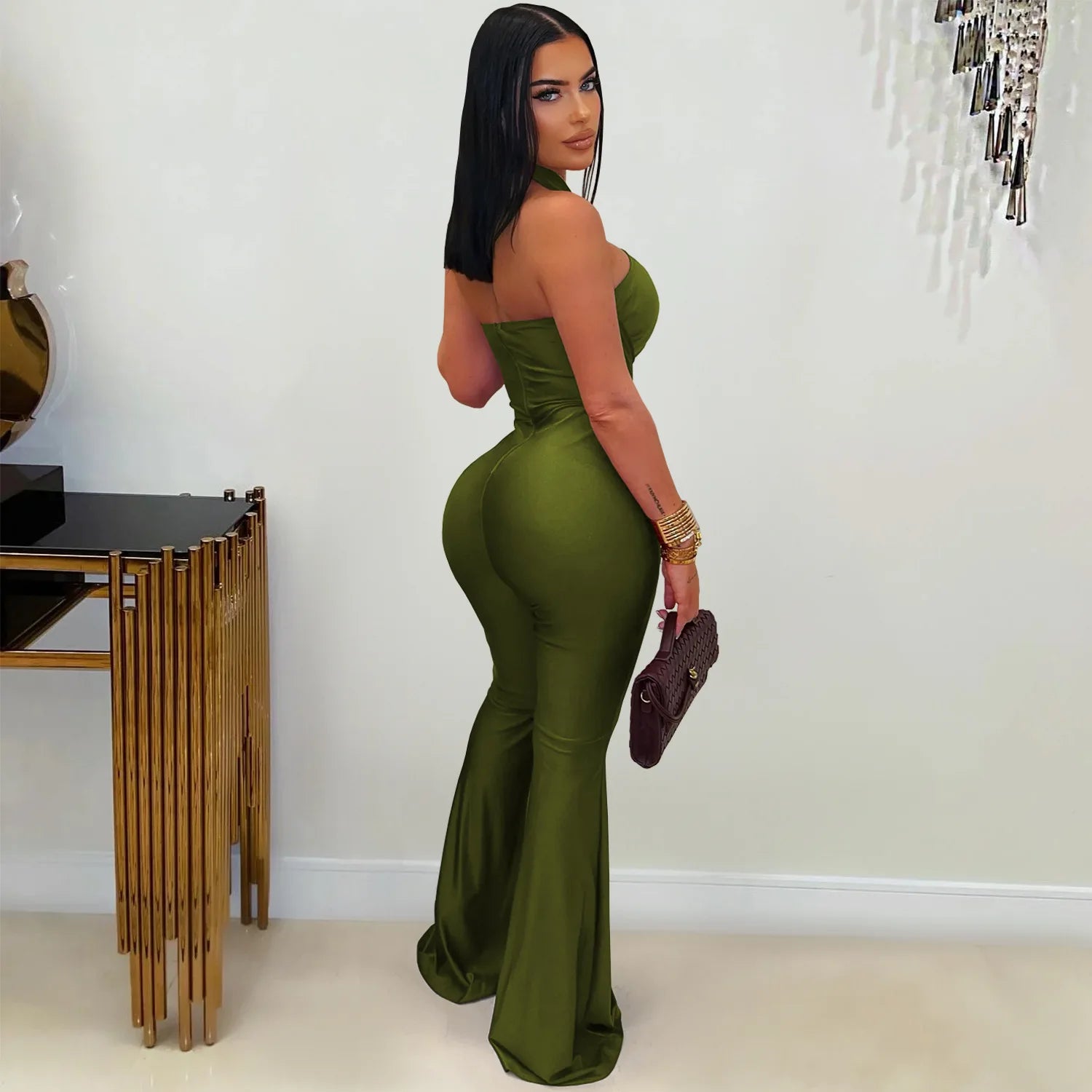 Peterborough Hollow Out Bandage Patchwork Halter Sleeveless Backless Jumpsuit