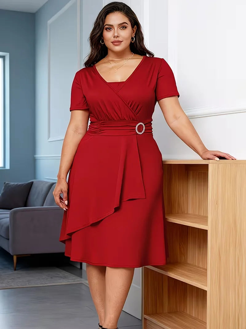 Plus Size Elegant Square Neck Casual Fit And Flare Solid Color Cocktail Party Midi Dress