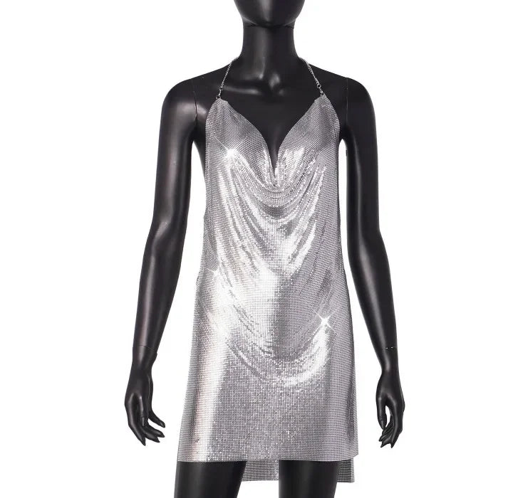 Square Backless Sequin Suspender V-neck Halter Neck Split Dress