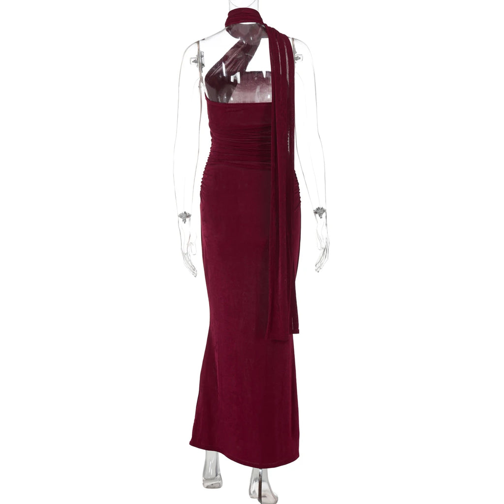 Chicago Halter Solid Sleeveless Backless Ruched Sexy Bodycon Maxi Prom Dress