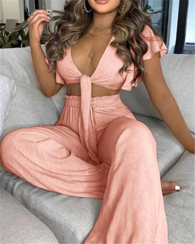Hilda Belted Low Long Thouser Casual Two Piece Sets