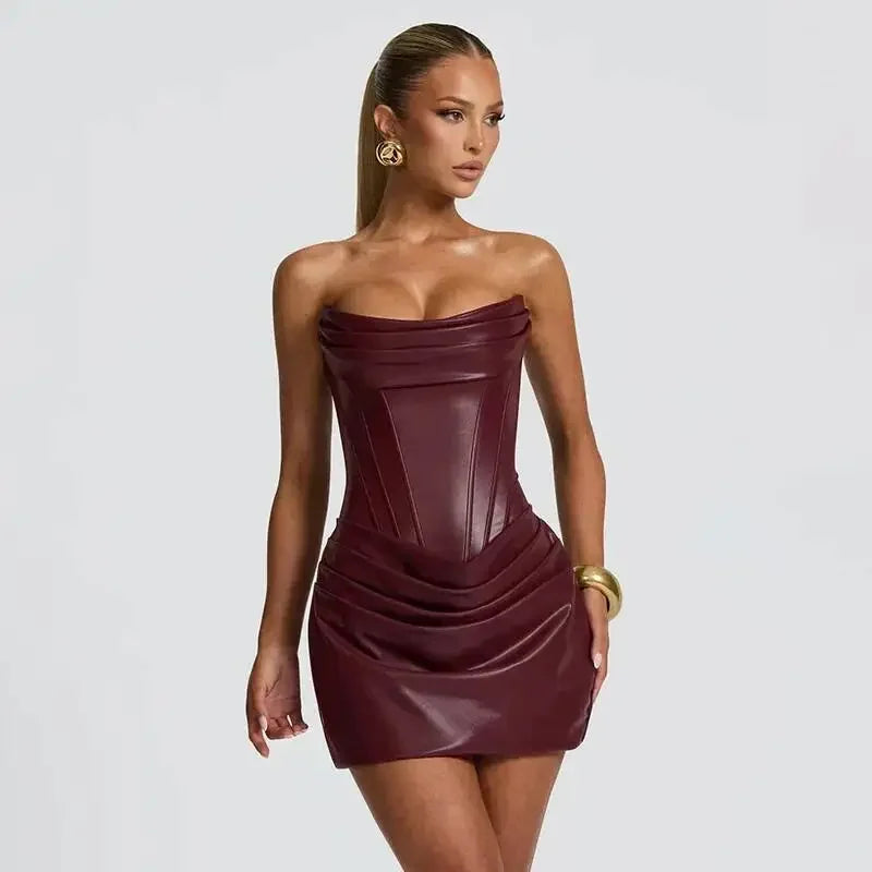 Ronkonkoma PU Pleated Sleeveless Strapless Pleated Party Dress
