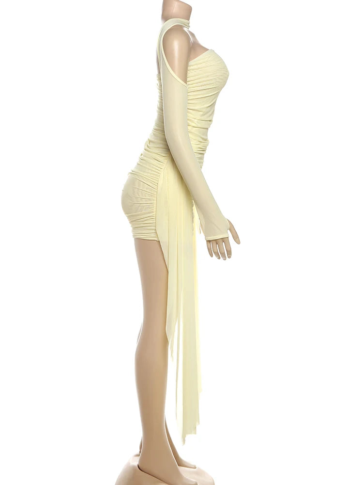 Edison Sexy See Through Dress Shawl Ruched Side Ribbon Coquette Skinny Dress
