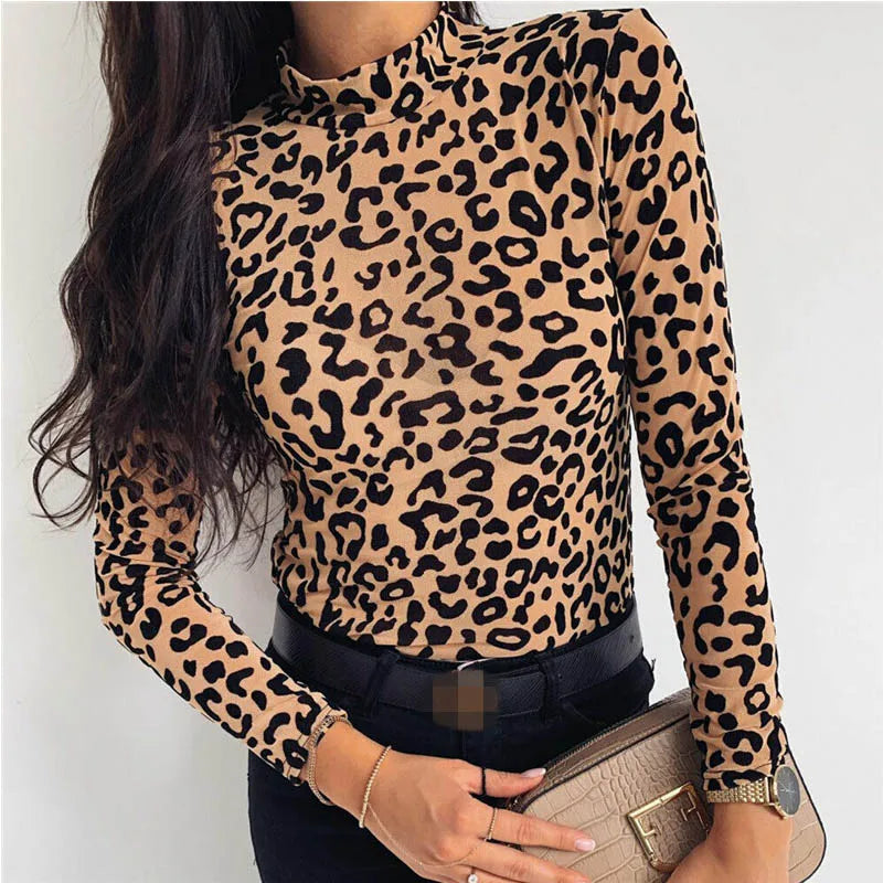 Hudson Yards Leopard Print Turtle Neck Blouse Autumn Long Sleeve Tops