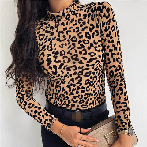 Hudson Yards Leopard Print Turtle Neck Blouse Autumn Long Sleeve Tops