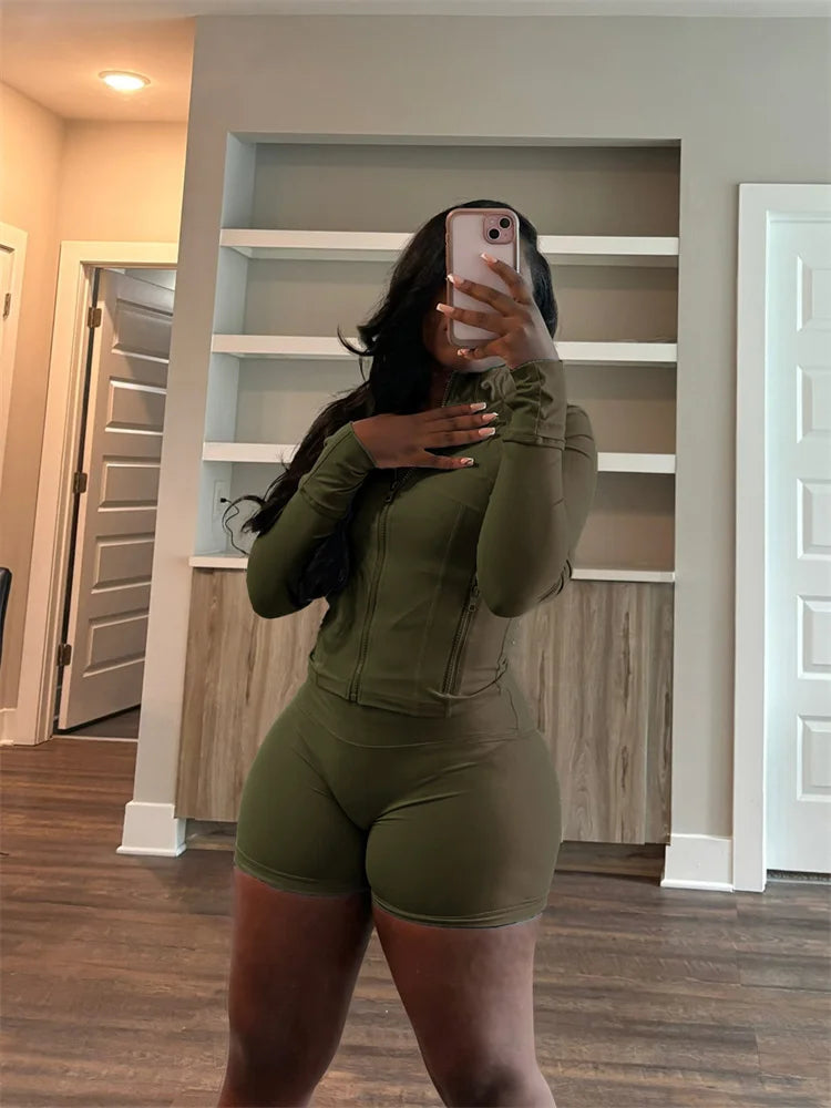 Olivia Fall Siold Bodycon Zipper Tracksuits Two Piece Sets