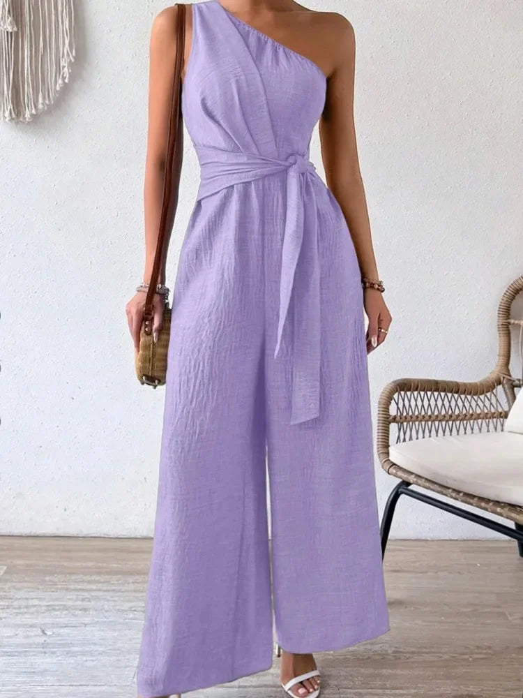 Detroit Fashion Sleeveless Diagonal Collar High Waist Lace-up Wide Leg Jumpsuits