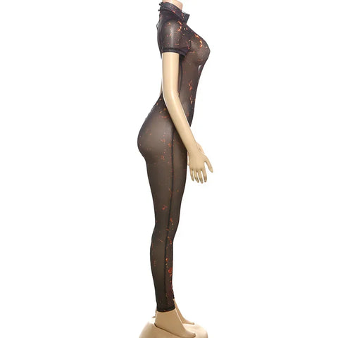 Auburn Hollow Out Playsuits Female Nightout Fashion Mesh Thin Sheer Jumpsuits
