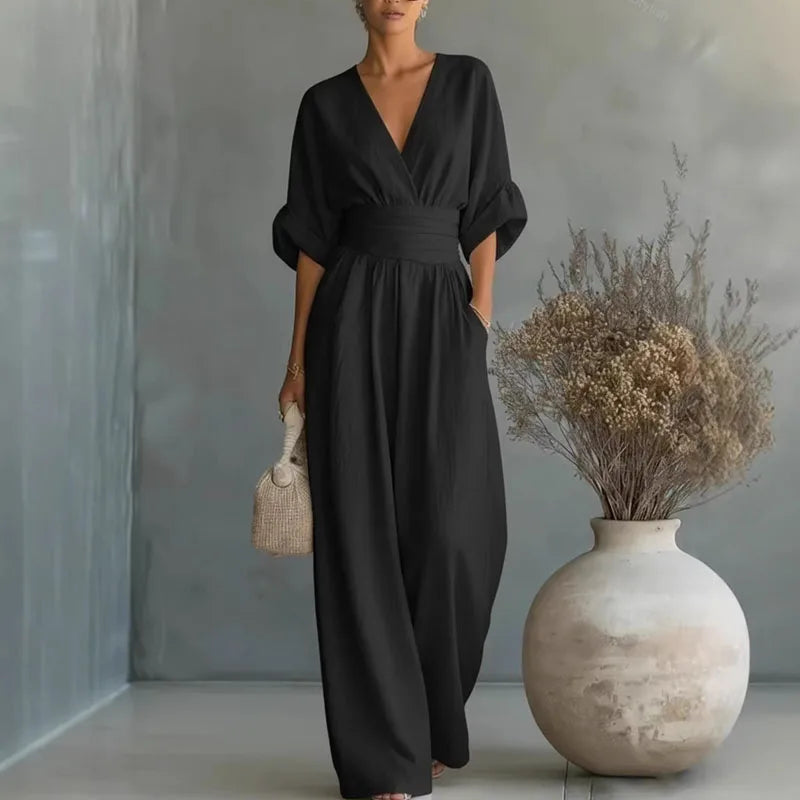 Women's Jumpsuit Fashion High Waist V-neck Casual Jumpsuits Sexy Solid Color Office Wide Leg Trousers Overalls Linen Chic