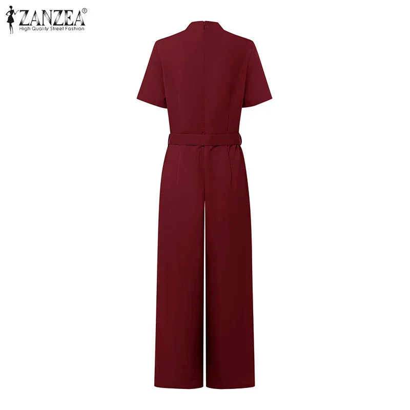 Weirton High Waist Jumpsuits Workwear Belt Rompers Solid Deep V Neck Elegant Overalls