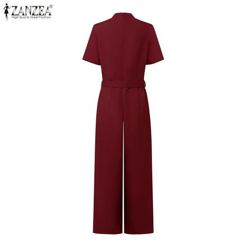Weirton High Waist Jumpsuits Workwear Belt Rompers Solid Deep V Neck Elegant Overalls