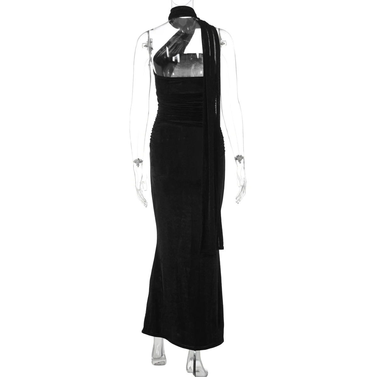 Chicago Halter Solid Sleeveless Backless Ruched Sexy Bodycon Maxi Prom Dress