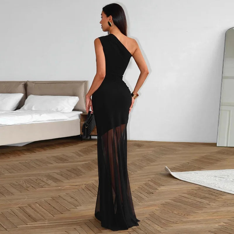 Off Shoulder See Through Dress Solid High Waist Patchwork Backless Slim Long Dress