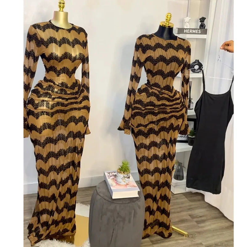 Kansas City Flare Full Sleeve Wave Striped Ruched Stacked Bodycon Long Maxi Dress