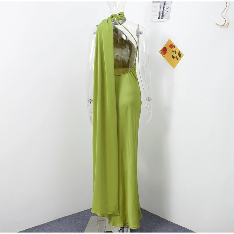 Califon Sexy Satin Ribbon Party Elegant Halter Backless Off Shoulder Sleeveless Maxi Dress