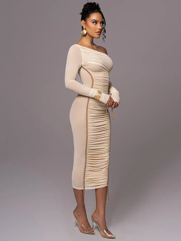 Dyker Heights Diagonal Collar Long Sleeve Mesh Backless Ruched Bodycon Midi Dress