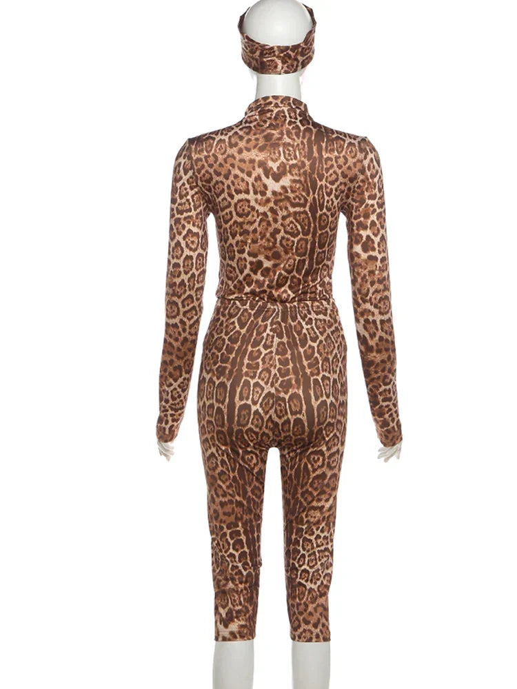 Stonington Leopard Print Headband Half Turtleneck Full Sleeve and Elastic Waist Set