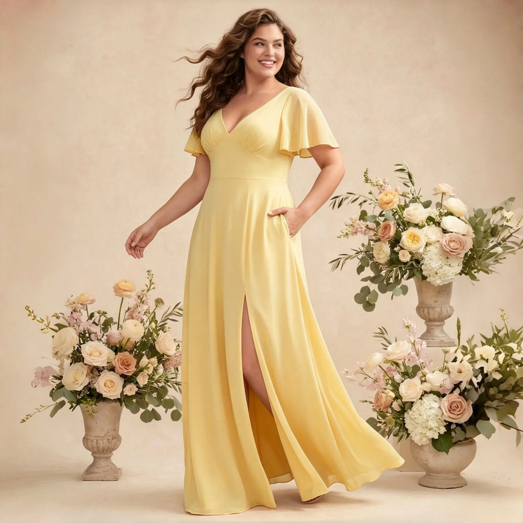 Irvington Green Plus Size Chiffon Bridesmaid Deep V Neck Flutter Sleeves Hidden Pockets Dress