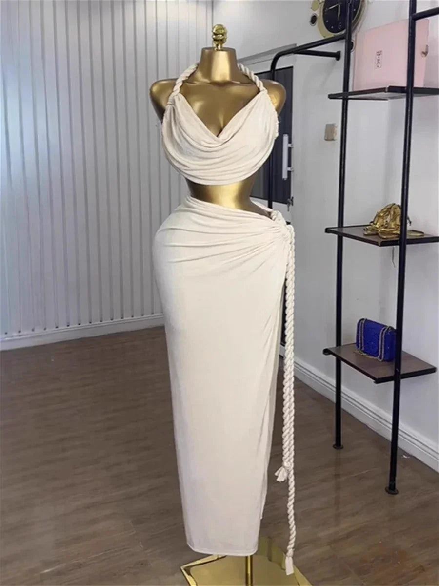 Belchertown Halter Swing Collar Backless Bandage Split Maxi Set
