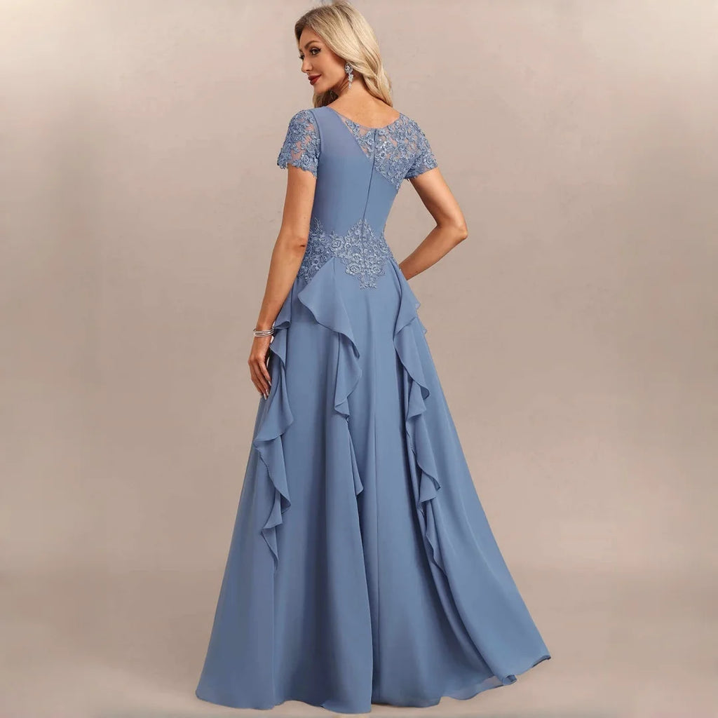Dumbo Asymmetrical Neck Chiffon Bridesmaid Lace Sleeve Ruched Waist Cascading Dress