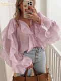 Slatington V-Neck Long Sleeve Elegant Classic Ruffle Solid Top