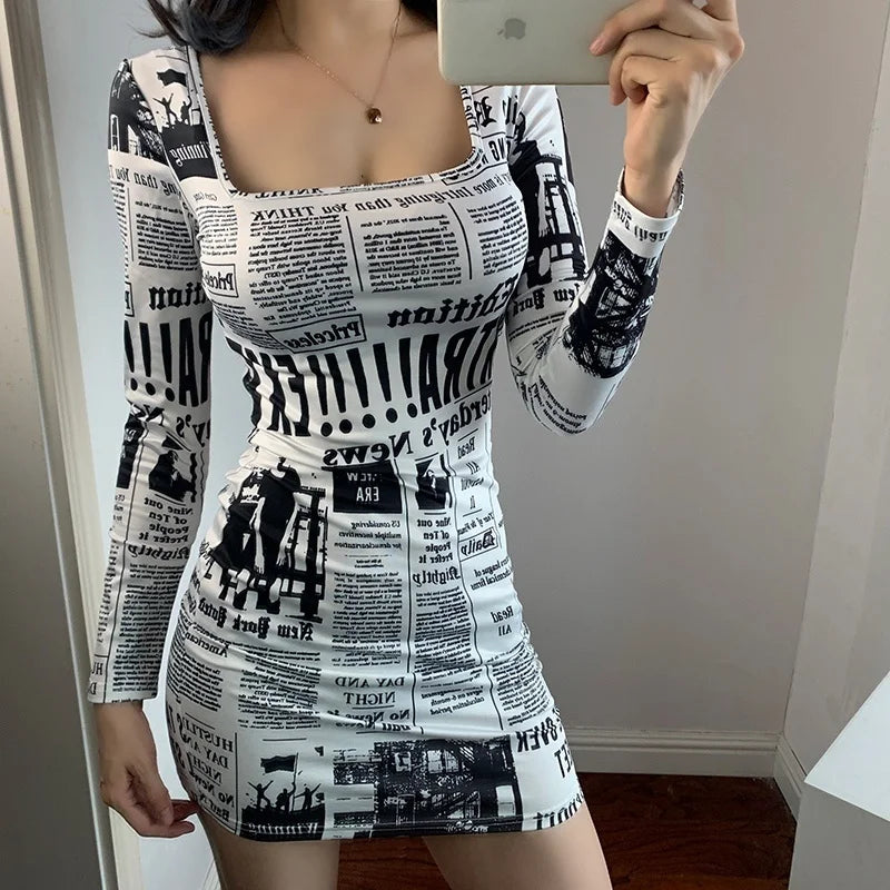 Amazonia Printed Newspaper Sexy New Fashion Street Shooting Slim Mini Dress