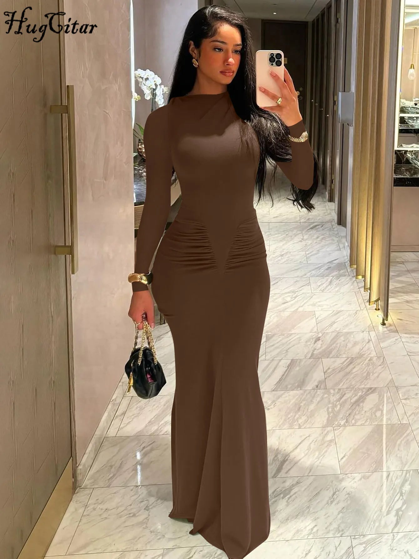 Shore Beach Solid Long Sleeve Draped Sexy Bodycon Maxi Party Dress