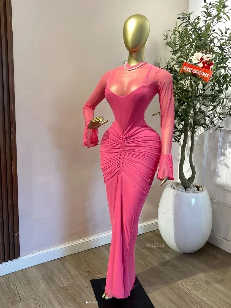 Aurora Flare Long Sleeve O Neck Ruched Mermaid Long Maxi Dress