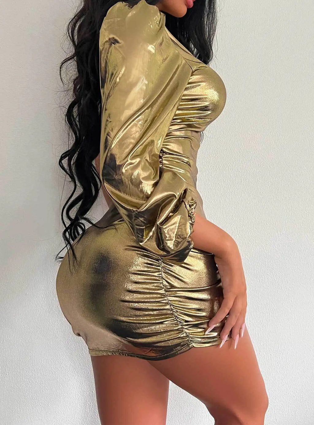 Highland Falls Metallic Gold One-shoulder Club Party Long Sleeve Ruched Bodycon Mini Dress