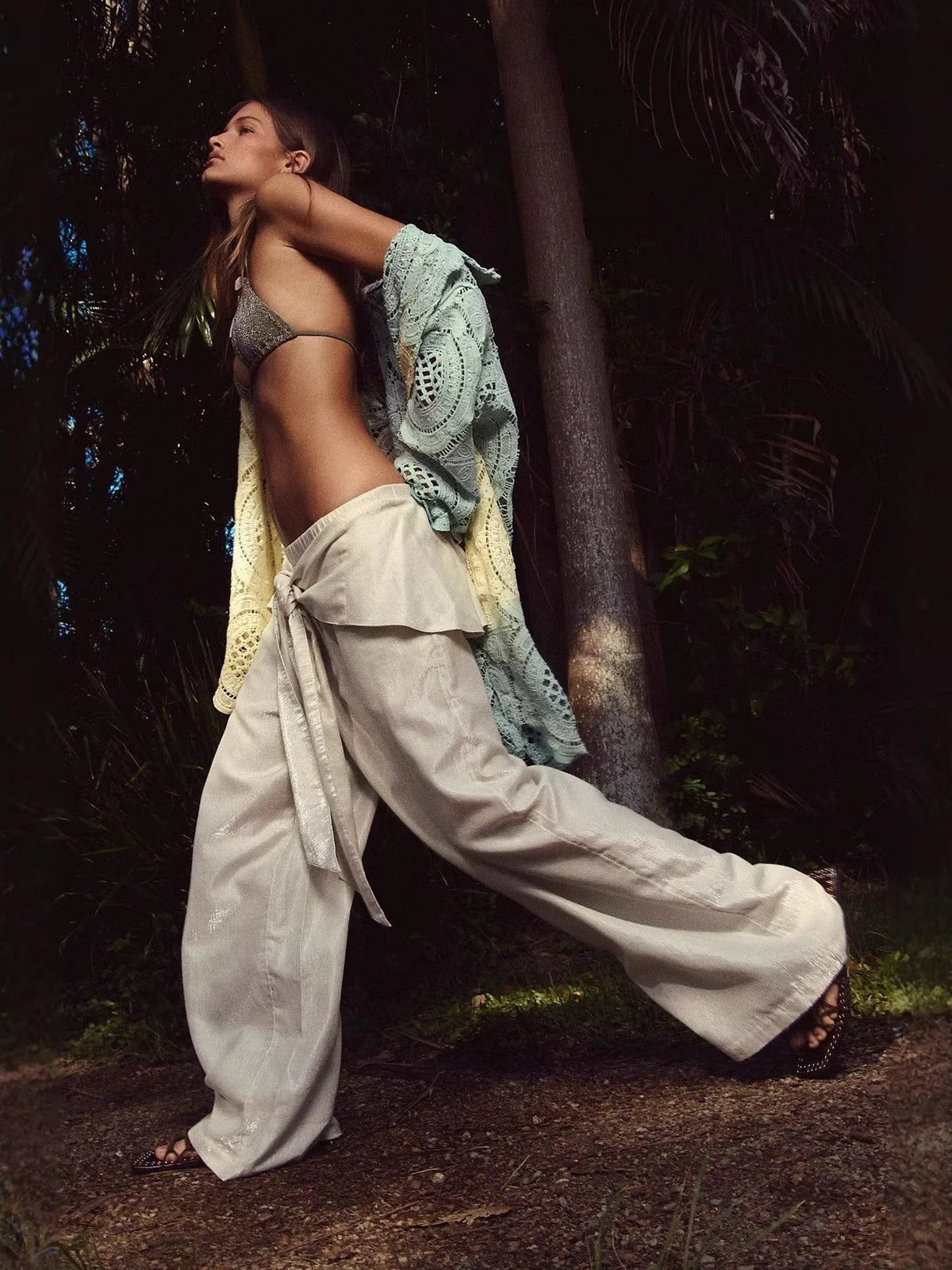 Boca Chica Tie Waist Foil Satin Wide Leg Boho Lazy Casual High Waist Pants