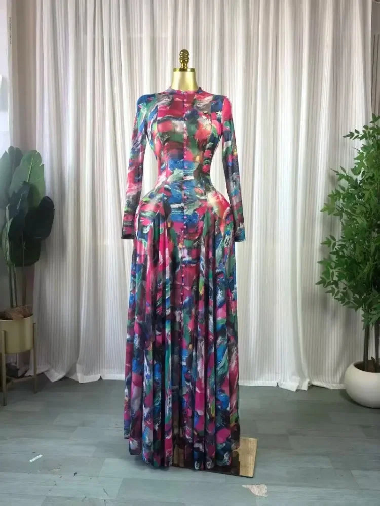 Turkunkan O Neck Long Sleeve Big Swing Tie Dye Print Long Dress